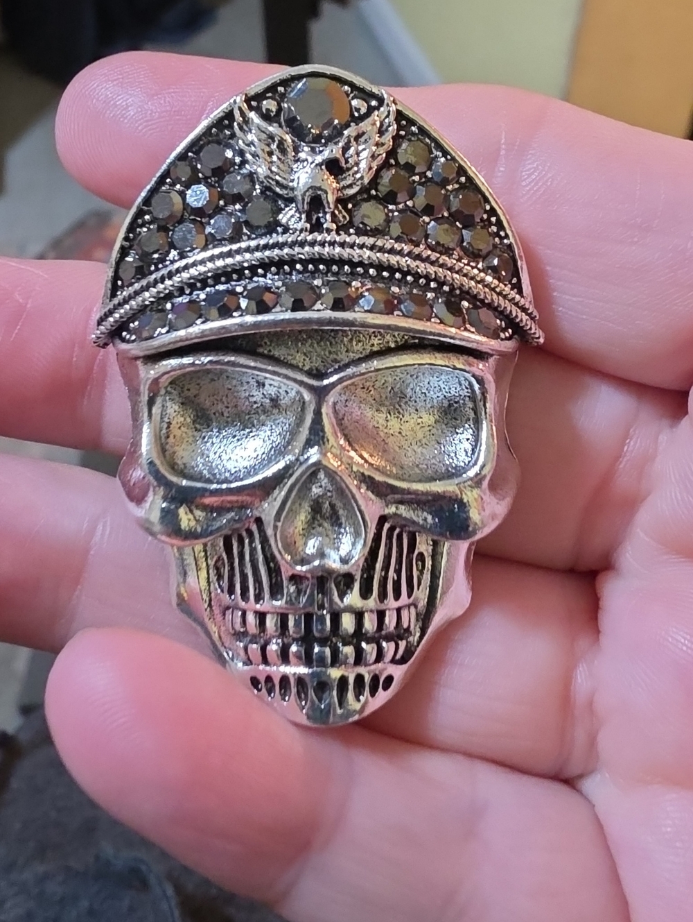 A200- Silver Skull Pin with Black Crystal Cap